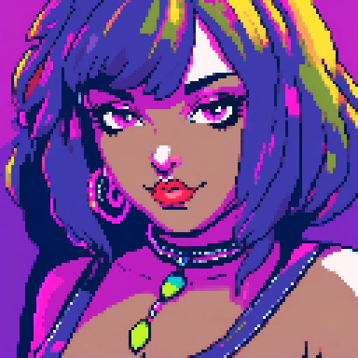 Busty curvy goth babe with studded collar, vibrant neon colors, bold outlines, and a retro sRGB color palette