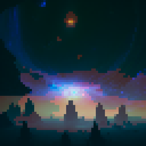 "Chromatic planet with rippling auroras, surrounded by tiny moons that spark like fireflies in the deep space abyss, rendered in a whimsical, painterly style."