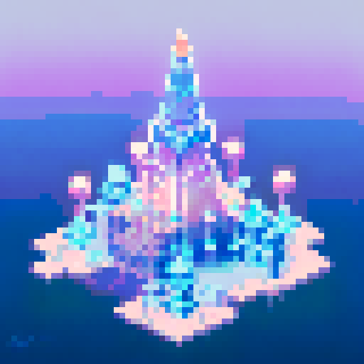technological ziggurat with towering spires, shimmering in neon hues, surrounded by frozen waters reflecting the pixel art skyline