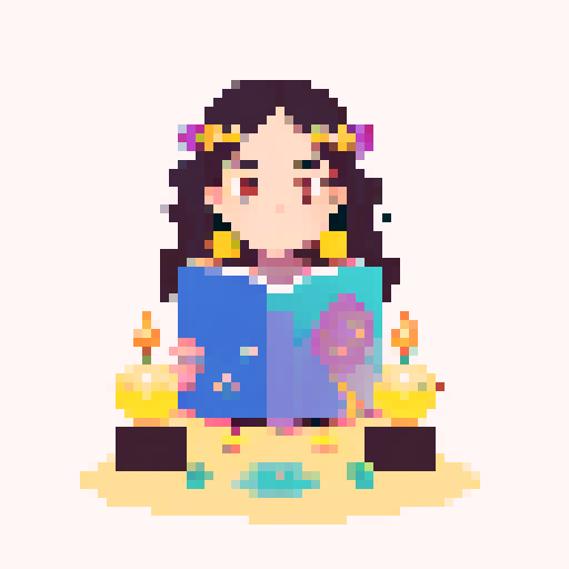 Colorful Illustration of a charming young witch with a boho vibe, reading a crystal ball, viewed from the client's perspective, mystical atmosphere with candles and herbs