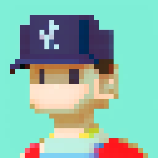 Pixelated school boy, age 10, with a smile on his face, wearing a baseball cap. Looks like Nes from Earthbound