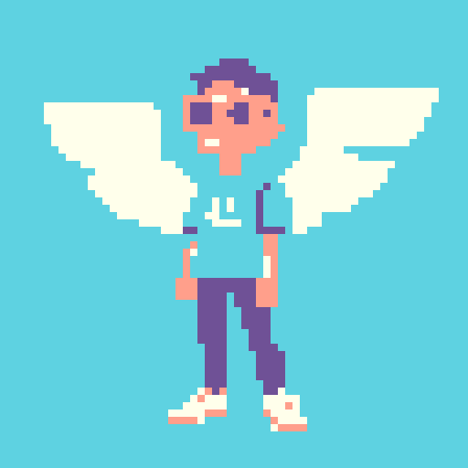 A cool pixel art of a full-body anthropomorphic cookie character with light blue wings, wearing casual clothes inspired by Nike or Adidas (without logos), and dark sunglasses. The character should be in a cool pose, with clean lines and a compact silhouette that is suitable for a sticker. The style should be in 32-bit with vibrant colors, and the background should be transparent.