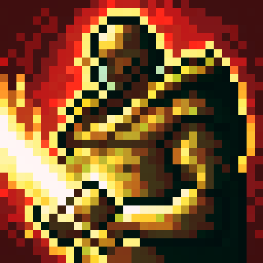 Firebreathing war general with a fierce expression, adorned in golden armor and a red cape, holding a sword with flames licking the blade, against a background of billowing smoke and embers in a pixelated, skill art style for a game icon.