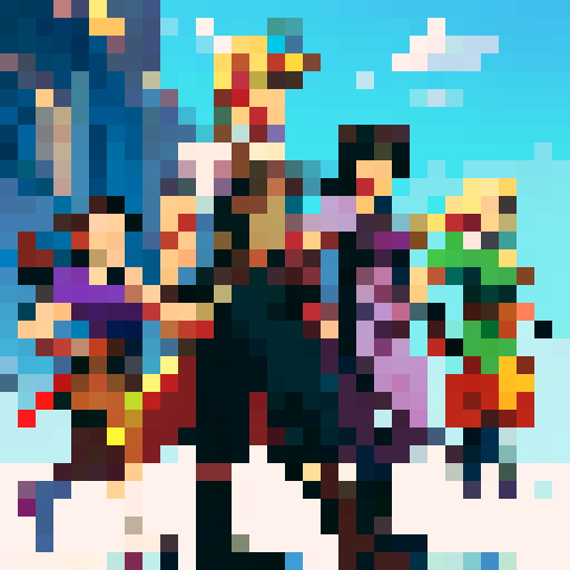 2D character with blond hair and a vest, sword in hand, sprite sheet depicting walking, running, and fighting animations, with a purple shirt, exposed chest, black hair, brown boots, and muscle growth, all in a pixel art style with sRGB colors