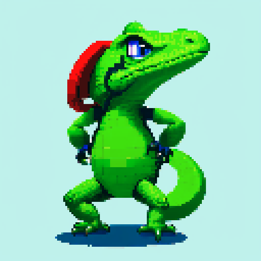 anthropomorphic lizard with cap, minimalistic, dark colors, pixelated details, retro video game style, vibrant green scales, expressive eyes, cap with a pixelated design