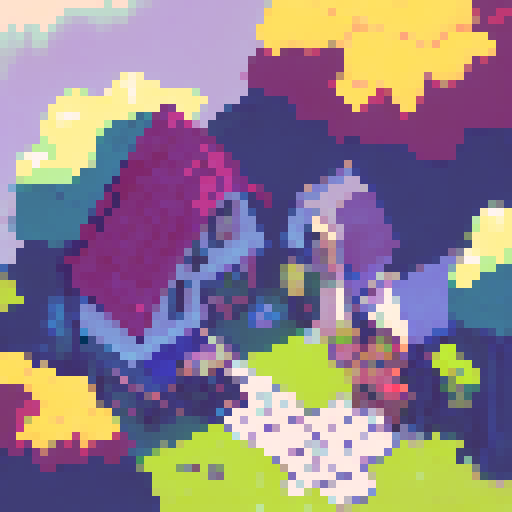 Scenery from elevated angle, farm village with fields, autumn