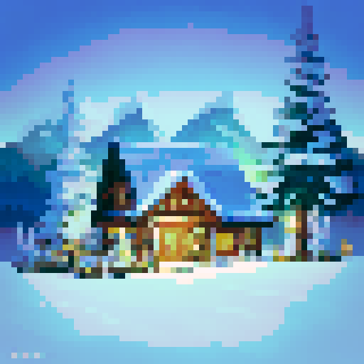 snowy mountain range ski town with a tiny lodge, igloo, campsite, cold, pixel art, sRGB, christmas themed