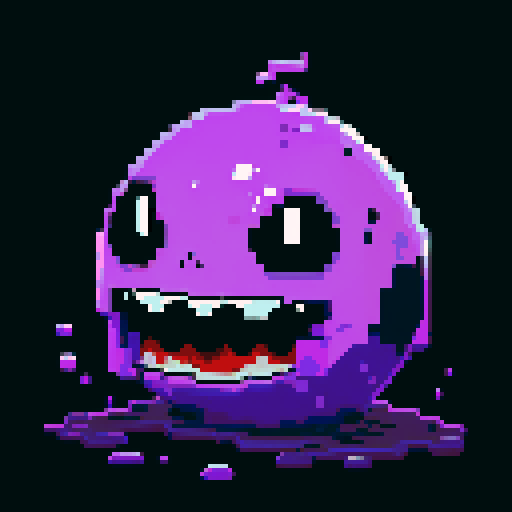 A massive, ominous slime with a dark purple hue and a noxious aura. It has glowing red eyes and a threatening expression, with toxic fumes emanating from its body. No background.

