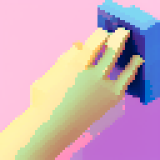 White hand reaching out of a blocky pixelated screen, grasping a vibrant digital flower.