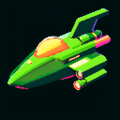 Green spaceship, retro,  low resolution, vibrant colors, geometric shapes, angular design, glowing thrusters, metallic finish, glossy surface, starry background, cosmic atmosphere, sci-fi aesthetic, futuristic, extraterrestrial, otherworldly, nostalgic, video game-inspired