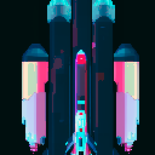 spaceship, retro, vibrant colors, angular design, 8-bit, blocky pixels, glowing exhaust, starry background, neon lights, futuristic, space exploration, cosmic, interstellar travel, sci-fi