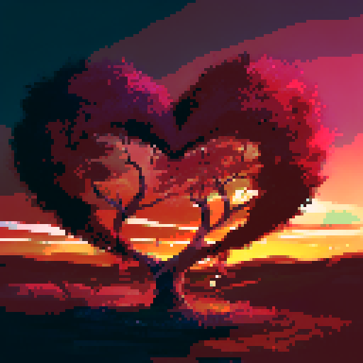 big heart-shaped tree in the foreground, vibrant sunset gradient in the background