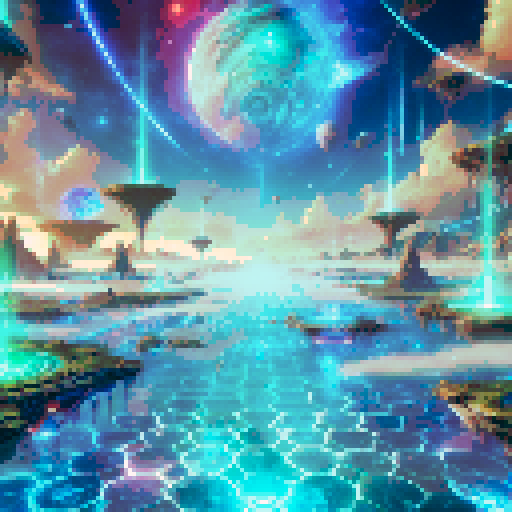 A surreal, alien battlefield with a glowing crystalline floor. Floating islands, alien plants, and cosmic energy streams frame the environment, evoking the birth of a new world.
