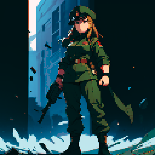 full-body image, muscle girl, female, thick biceps, big shoulders, big fists, muscular physique, thick waist, facing left, ready to fight, exaggerated proportions, black military uniform, black hat, military backdrop, sRGB, pixel art, army behind her, military behind her, army in background, army, soldiers, evil, dark, evil soldiers, black uniforms, destroyed town, battlefield