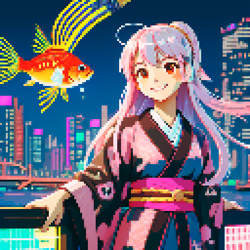 pixel art,high resolution,1girl,smiling,look at fish,long hair,pink silver hair,brown kimono,traditional clothes,cyberpunk,futuristic,neon lights,cityscape,night sky,2fish,goldfish,flying fish,glitter fish,smiling,looking at fish,
