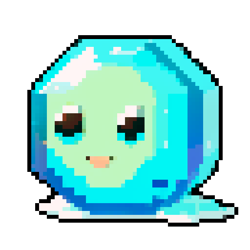 A sparkling, semi-transparent slime with a crystalline structure. It has shimmering facets, bright eyes, and a cheerful smile. No background.
