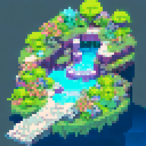 Large waterfalls with extensive plant growth and a pool that emits a feint blue light. 