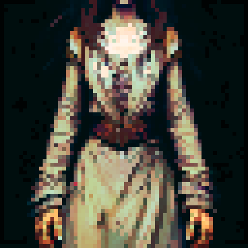 Generate a detailed pixel art character of Mabel Wakefield, a 19-year-old woman with a profound backstory of resilience and transformation. Mabel has emerged from a year-long imprisonment in the Alderwood Dungeon, visually transformed by her ordeal. Her appearance should reflect a juxtaposition of despair and determination: long, unkempt brown hair, a once-simple dress now tattered and stained, evolving into attire that symbolizes her growth into a resilient warrior.