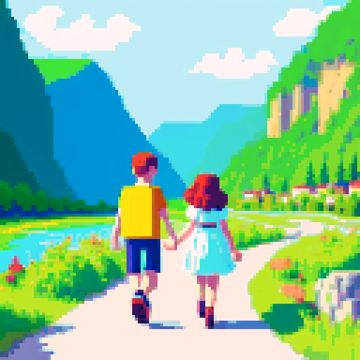 boy, girl, holding hands, walking, mountains, river, noon, summer, pixel art, sRGB