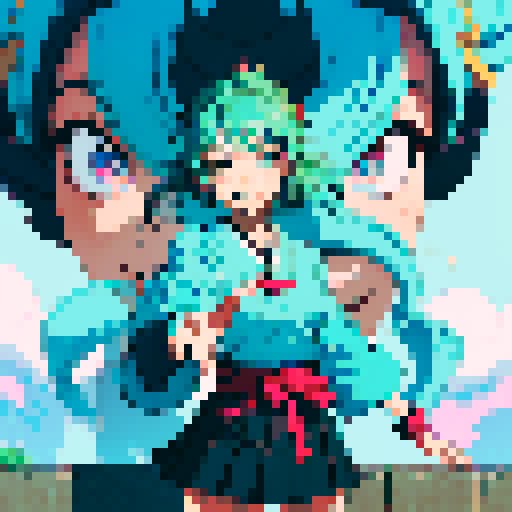 Name: Maihara Fuuka
Age: Around 20
Hair: cyan long hair, vivid eyes with a smile.  
Eyes: winking, expressing cute and some kind of tricking.
Clothing: wearing skirt.
Pose: Only one hand shaking to you, smiling, and the other hand is putting behind back. Seems like verying welcoming. Stooping slightly.
Other Details: You can imagine this character as a high school girl appearing in Japanese animtion. Pay attention that no extra Japanese elements are needed. Clear facial expression