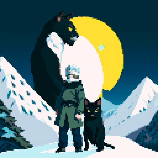 Hatake Kakashi with a black cat with yellow eyes on his shoulders in between towering, snowy mountains
