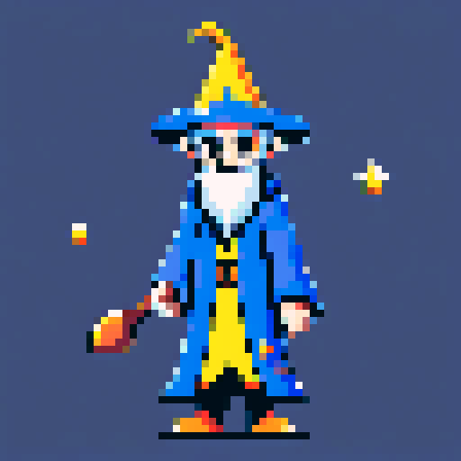 Create a pixel art character of a whimsical wizard . The wizard should wear a blue robe covered with yellow stars and a matching pointy hat. He should have a playful grin
