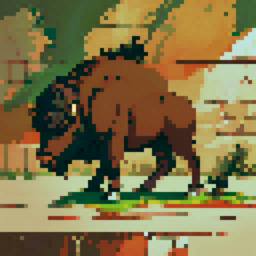 Bison in ancient art style, wall painting, pixel art, sRGB