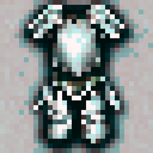 Shining silver pauldrons, emblazoned with a golden sun, sit atop a suit of jet black armor, adorned with intricate etchings of mythical creatures, all depicted in a 32x32 pixel art style fit for a game asset, with vivid sRGB colors that bring the armor to life