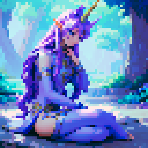 a purple and blue elf unicorn human hybrid creature sitting cross legged and taking a breathe in a tranquil way