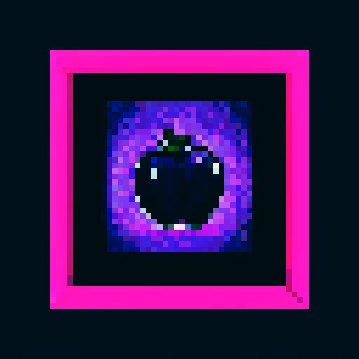 blueberry art frame, purple, pixelated fruits in vibrant colors, void inside, dark background, sRGB