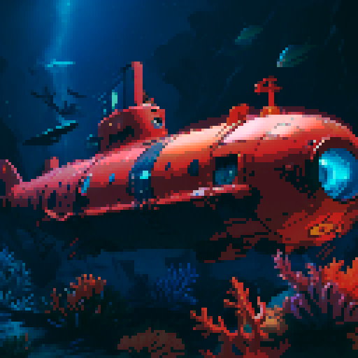 submarine, underwater, colorful, vibrant, retro, 8-bit, pixelated, deep sea, coral reefs, marine life, illuminated, glowing, exploration, portholes, periscope, propellers, mechanical, rivets, vintage, nostalgic