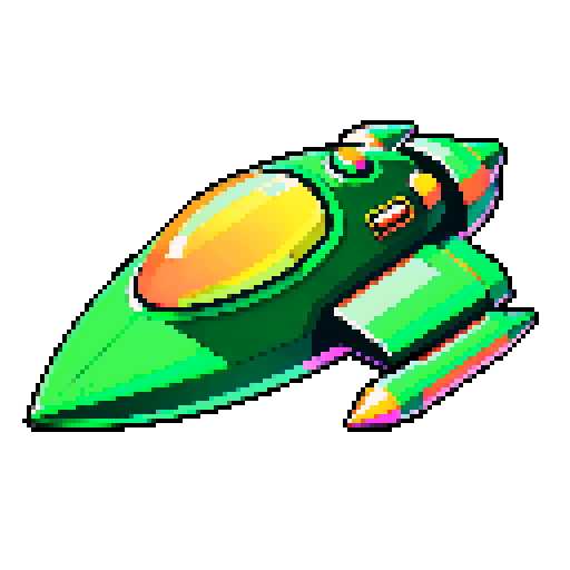 Green spaceship, retro, low resolution, vibrant colors, geometric shapes, angular design, glowing thrusters, metallic finish, glossy surface, starry background, cosmic atmosphere, sci-fi aesthetic, futuristic, extraterrestrial, otherworldly, nostalgic, video game-inspired