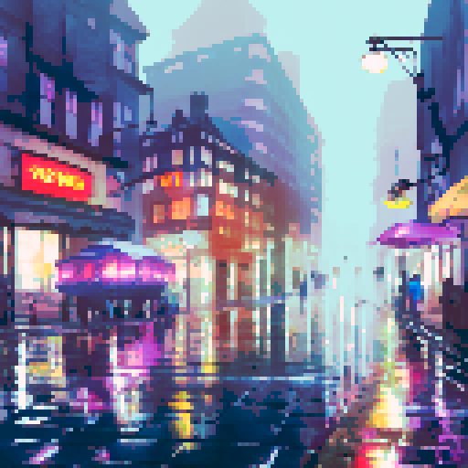 colorful umbrellas, wet cobblestone streets, towering skyscrapers, shimmering reflections in puddles, misty neon lights, people huddled under awnings, rain-soaked flowers, silhouettes of city dwellers with umbrellas, cascading water droplets on windows, a foggy skyline