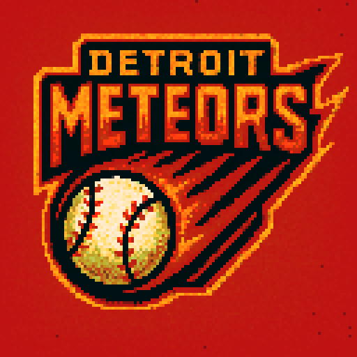 Pixel art of a fictional baseball team called the Detroit Meteors. red, orange, and black, sharp outlines, and soft pixel shading. The logo design mimics 80s MLB logos. Use a vibrant Sega Genesis 16-bit style with selective dithering, geometric forms, and nostalgic retro charm. Avoid modern gradients—keep it pure pixel art.
