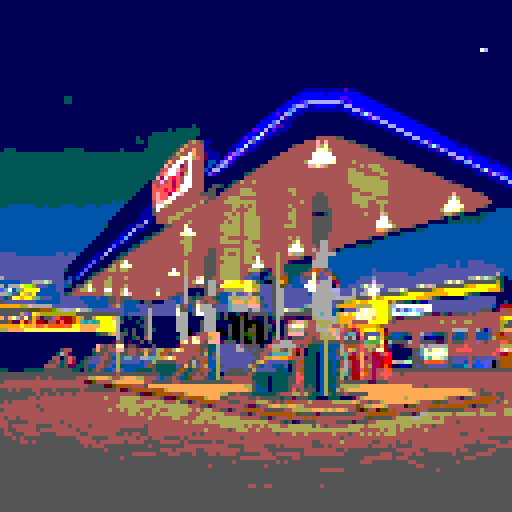Gas station at night, illuminated by fluorescent lights, surrounded by a vast, starry sky, with a retro-inspired aesthetic, showcasing a pixelated landscape and a vintage gas pump