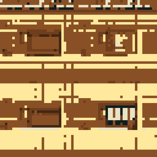 Create a top-down pixel art tile set for an RPG classroom. Include tiles for:

Desks and Chairs (top-down view)
Blackboard (with optional chalk markings)
Teacher's Desk (with details like books)
Windows (showing a simple outdoor view)
Bookshelves (filled with books)
Flooring (wooden or tiled patterns)
Walls and Partitions
Decorations (educational posters or charts)
Use a retro, pixelated style with a cohesive color palette, ensuring tiles are modular for easy assembly.