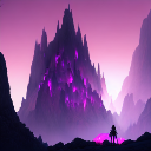 Pink mountain, purple sky, and a dark castle silhouette serve as the backdrop for a sleeping vampire, their body illuminated by neon hues in a fantastical RPG world.