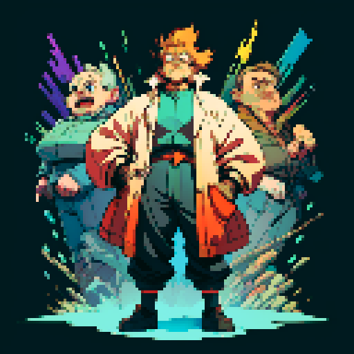 fat mad scientist, facing left, full-body image, exaggerated features, pixelated details, robot workshop backdrop, sRGB color palette