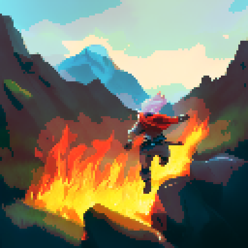Athlete sprinting, leaping, dodging flames, hurdling obstacles, with fiery backdrop, towering mountains