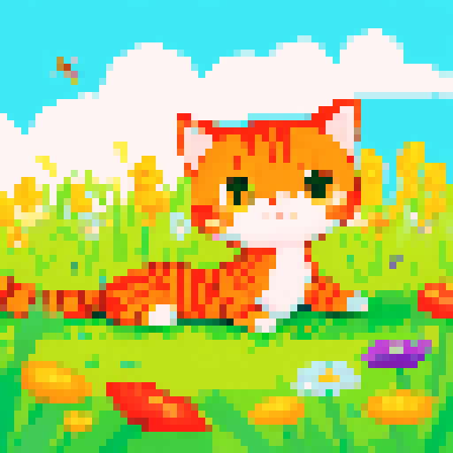 orange cat lying on the meadow, dragonfly on its head, warm summer sun, warm tones
