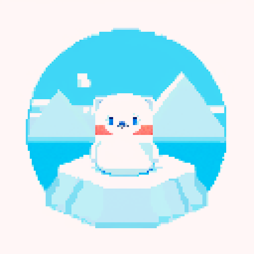 tiny eskimo pixel character, petting pixel seal animal, on iceberg, with tiny cabin nearby, pixel art, sRGB