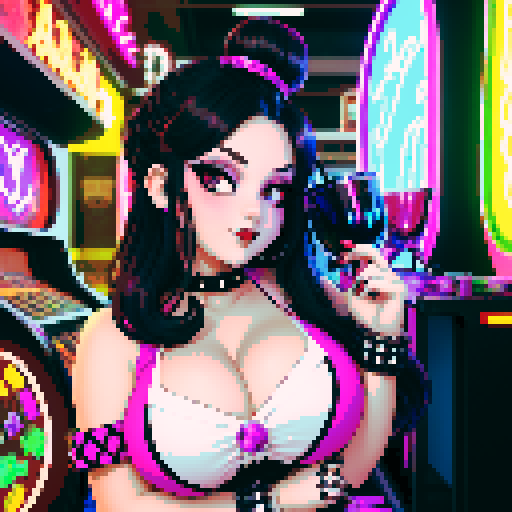 Curvy cute goth girl bartender, hair in buns, dark smoky eyes, black studded choker, fishnet stockings, pouring colorful cocktails, retro arcade game machines, pachinko machines, vibrant sRGB colors