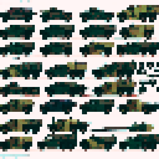 armored tank, camouflaged colors, rugged tracks, turret with a cannon, smoke rising from the exhaust, shiny metallic armor, military insignia, battle-ready weaponry, intricate details, vibrant pixelated hues, realistic shading