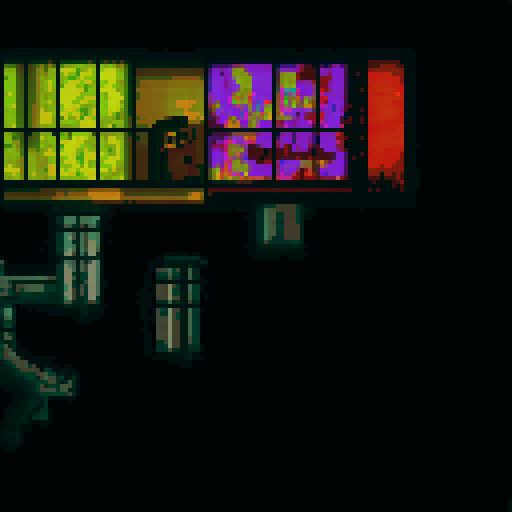 Create a tilesheet for an abandoned factory overrun by virus-infected animatronics that exterminated its human occupants. Depict decay, danger, and chaos with broken machinery, flickering lights, and remnants of the virus. Include damaged crates, shattered windows, ominous shadows, and viral traces. Use dark, desaturated tones for a foreboding atmosphere.