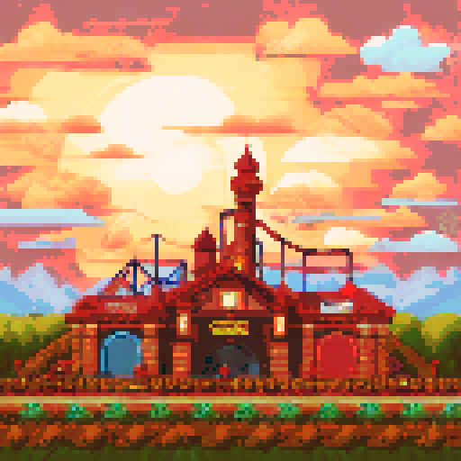 wide shot amusement park, towering roller coasters