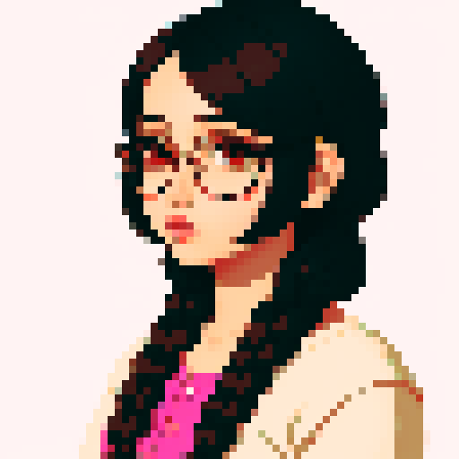 portrait, sprite art, young south asian woman, queer, eccentric, cozy, cute, soft eyes, smart, nerd, muted colors