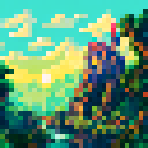 Golden armored knight galloping through a misty, moonlit forest, with towering trees and a castle in the background, all depicted in vibrant sRGB pixel art style