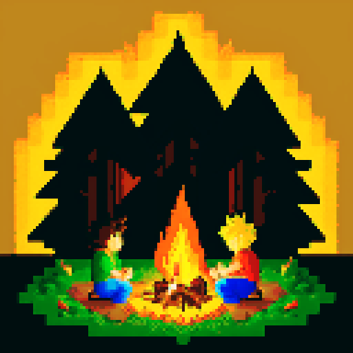 16 bit style pixel art Portrait of Goku from Dragon Ball sitting down in a campfire site, lush forest, golden hour lighting, Goku gazes into the fire as the light reflects of his clothing. Behind him is a dark, ominous forest, with towering trees and faint, eerie shadows. The cozy atmosphere of the scene is illuminated by the warm, flickering light from the bonfire, rough appearance, low quality, masterpiece, bright colors, pixelated
