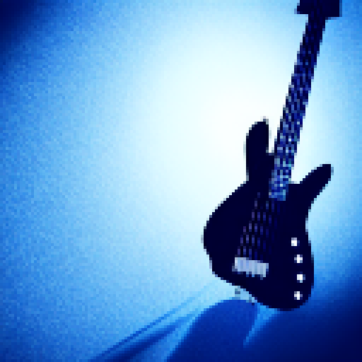 blue bass guitar, in a dark room with moody lighting