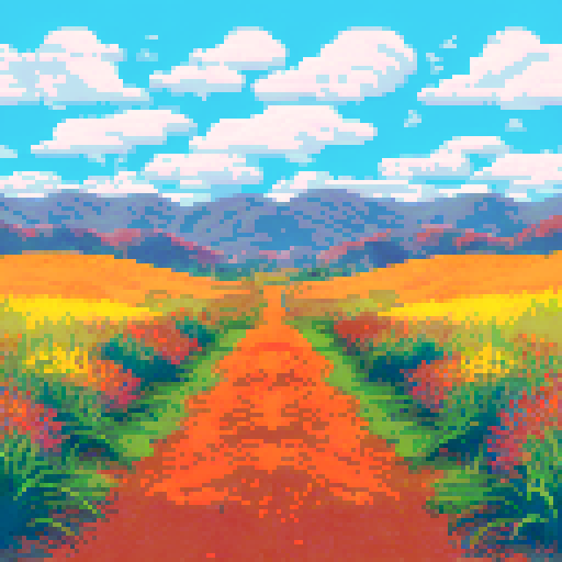 Rolling hills of golden grass, dotted with vibrant wildflowers and framed by a clear blue sky, stretching out into the distance in a pixel art style